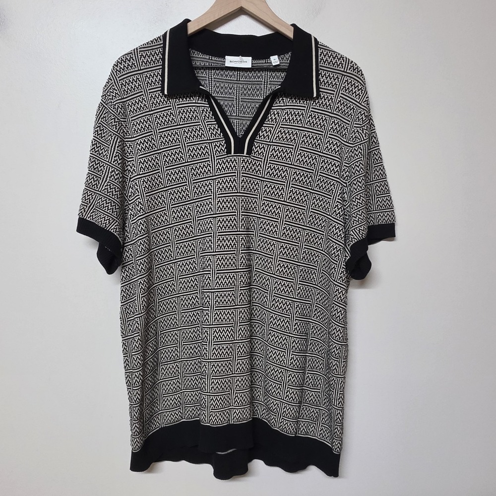 Bonobos Hudson Sweater Polo Mens XL Black Cream Geometric Knit Cotton Shirt